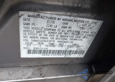 2006 Nissan Altima S/Sl z USA, uszkodzony, nr VIN 1N4AL11D76N378739